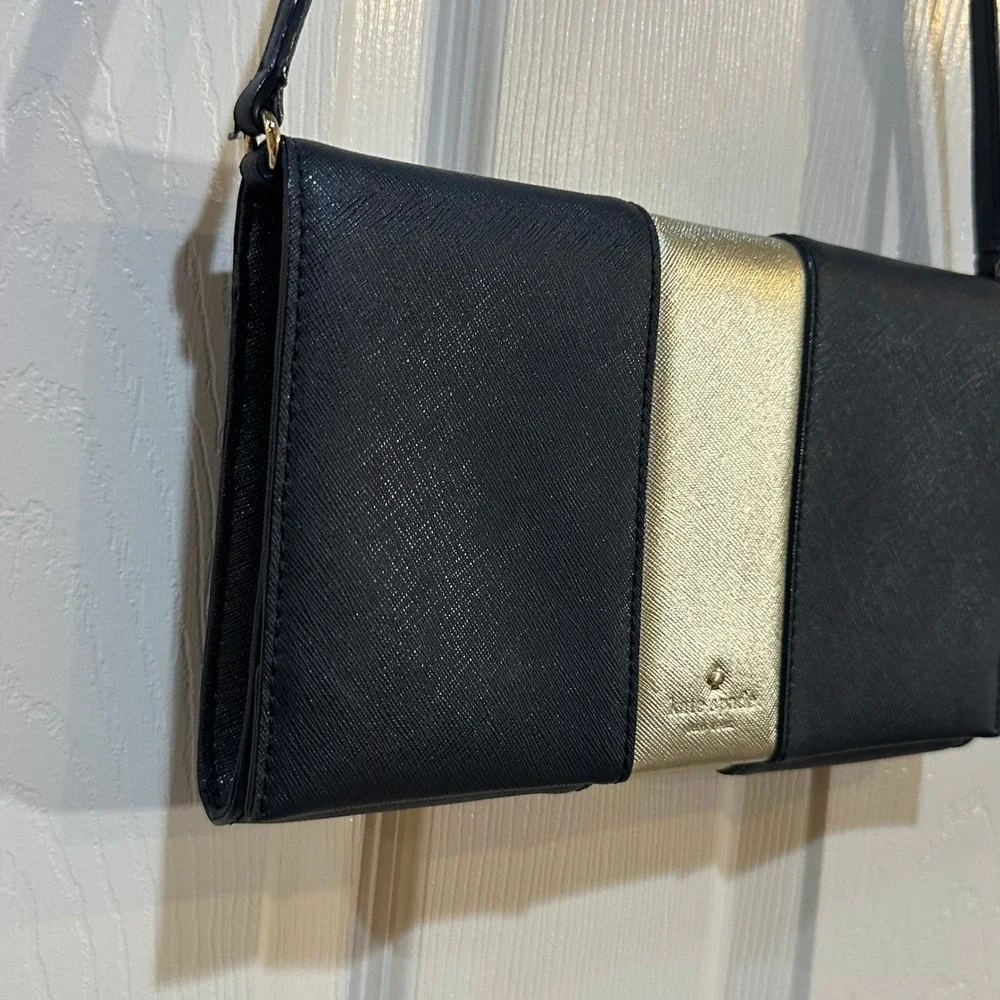 Kate Spade New York Saffiano Leather Crossbody Bag Navy Blue Gold Stripe
